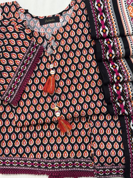Black and Rust Leaf Printed Khaddar
