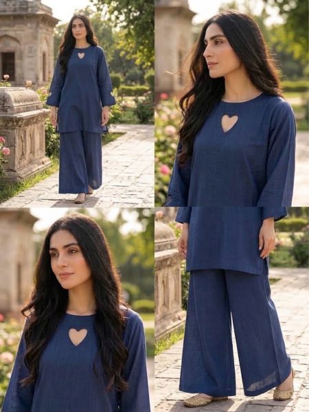 Navy Heartbeat – Premium Slub Khaddar 2-Piece Co-Ord Set