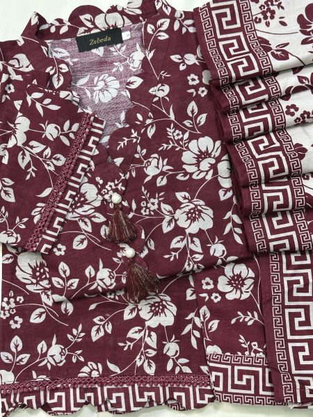 Maroon Floral Scalloped Khaddar