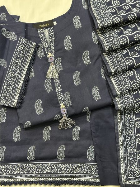 Midnight Black Printed 3-Piece Premium Cotton Suit with Tassel Detail