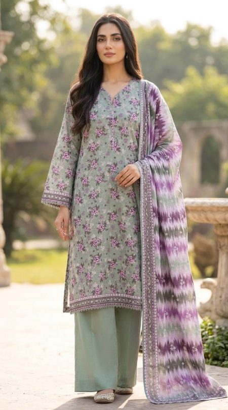 Sea Green & Purple Floral 3-Piece Premium Cotton Suit with Button Detail