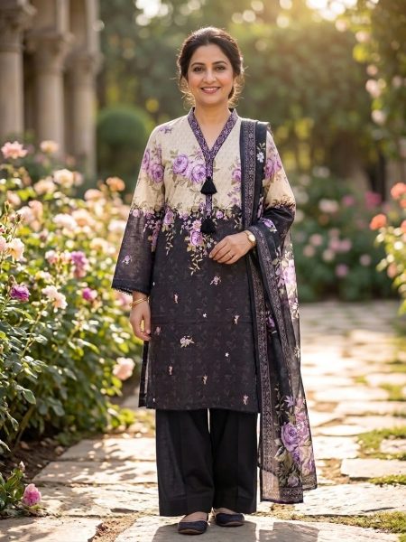 Off-White & Lavender Floral 3-Piece Premium Cotton Suit with Tassel Accent