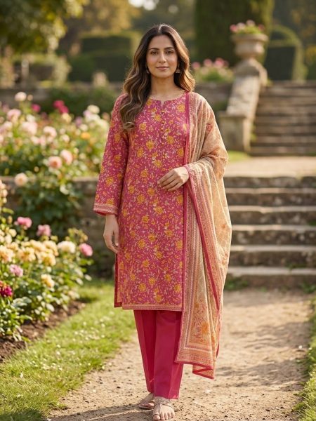 Maroon & Mustard Floral 3-Piece Premium Cotton Suit with Button Detail