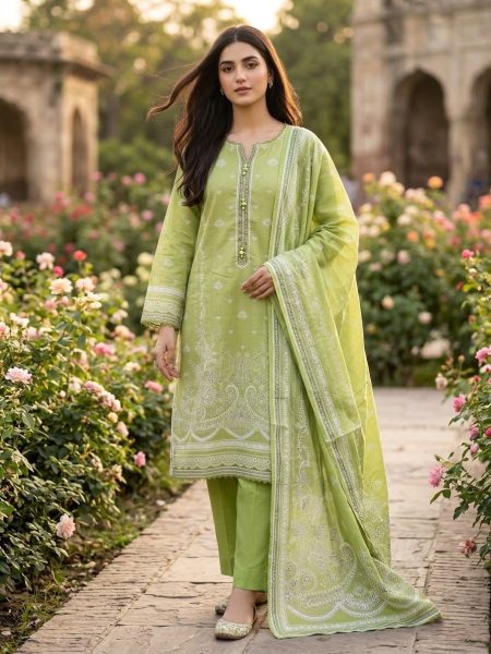 Sage Olive Green Printed 3-Piece Premium Cotton Suit with Fabric Buttons