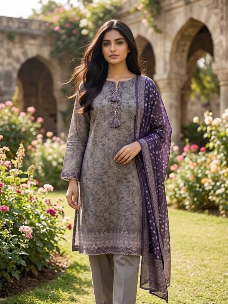 Grey & Deep Purple Printed 3-Piece Premium Cotton Suit with Tassel Detail
