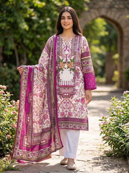 Magenta & Off-White Floral Printed 3-Piece Premium Cotton Suit with Tassels
