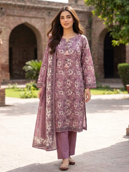 Dusty Plum Floral 3-Piece Premium Cotton Suit with Tassel & Lace Accents