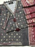 Zubeda Elegant Charcoal & Maroon Printed Cotton 3-Piece Suit