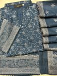 Slate Blue Vine – Premium Pashmina 3-Piece Suit