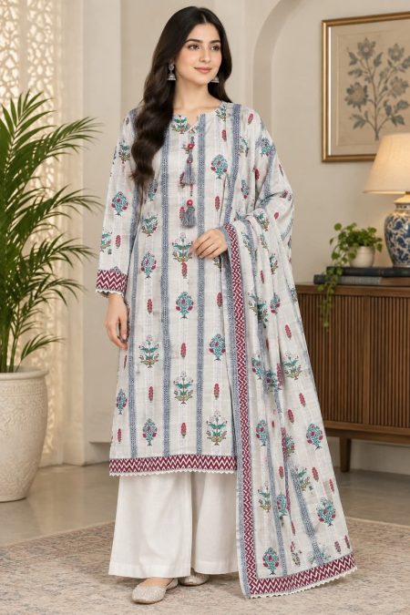 Ivory Mughal Grace – Premium Printed Khaddar 3-Piece Suit