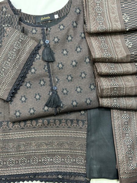 Mocha Geometry – Premium Pashmina 3-Piece Suit