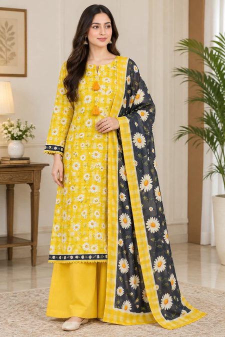 Sunshine Daisy – Premium Printed Khaddar 3-Piece Suit