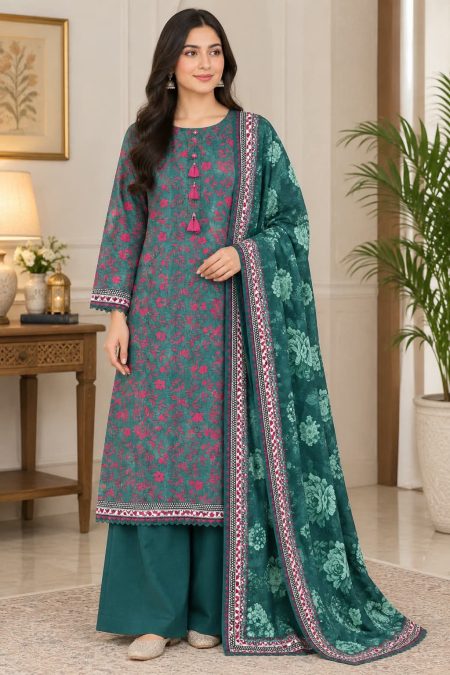 Emerald Crimson – Premium Printed Khaddar 3-Piece Suit