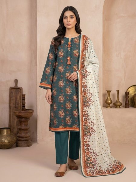 Teal & Rust Printed Khaddar 3PC